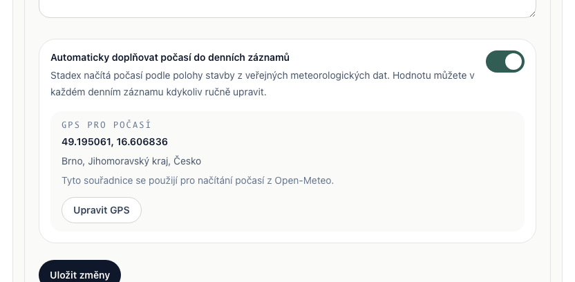 Nastavení polohy projektu používané pro automatické doplňování počasí