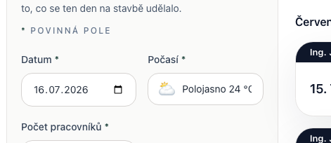 Pole počasí v denním záznamu se symbolem počasí, slovním popisem a teplotou