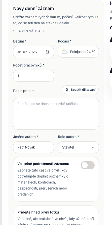 Formulář denního záznamu navázaný na vybraný projekt