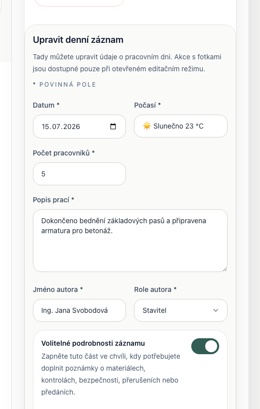 Editační formulář uloženého denního záznamu