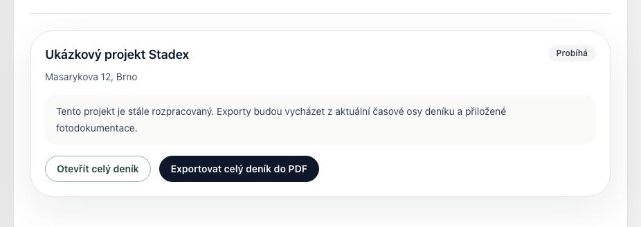 Karta projektu v exportech s tlačítky pro otevření celého deníku a PDF export