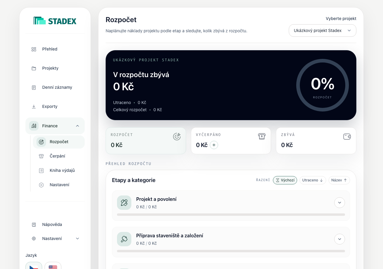 Finance s horním výběrem projektu a přehledem rozpočtu