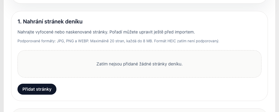 Část importu pro nahrání vyfocených nebo naskenovaných stránek papírového deníku