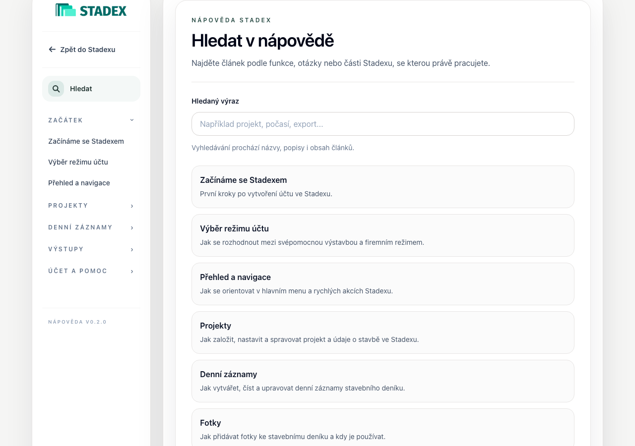 Vyhledávání v nápovědě Stadexu pro nalezení článku podle otázky nebo funkce