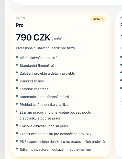 Karta tarifu Pro s cenou, limitem projektů a dostupnými funkcemi