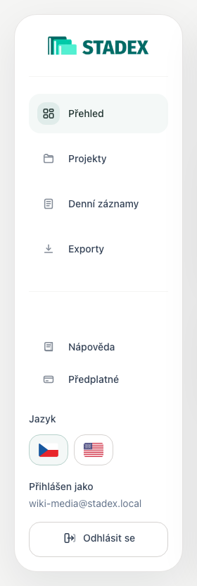 Hlavní navigace Stadexu se základními částmi aplikace a odkazem na nápovědu