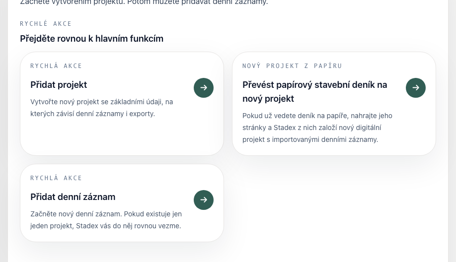 Karty rychlých akcí pro přidání projektu, převod papírového deníku a nový denní záznam