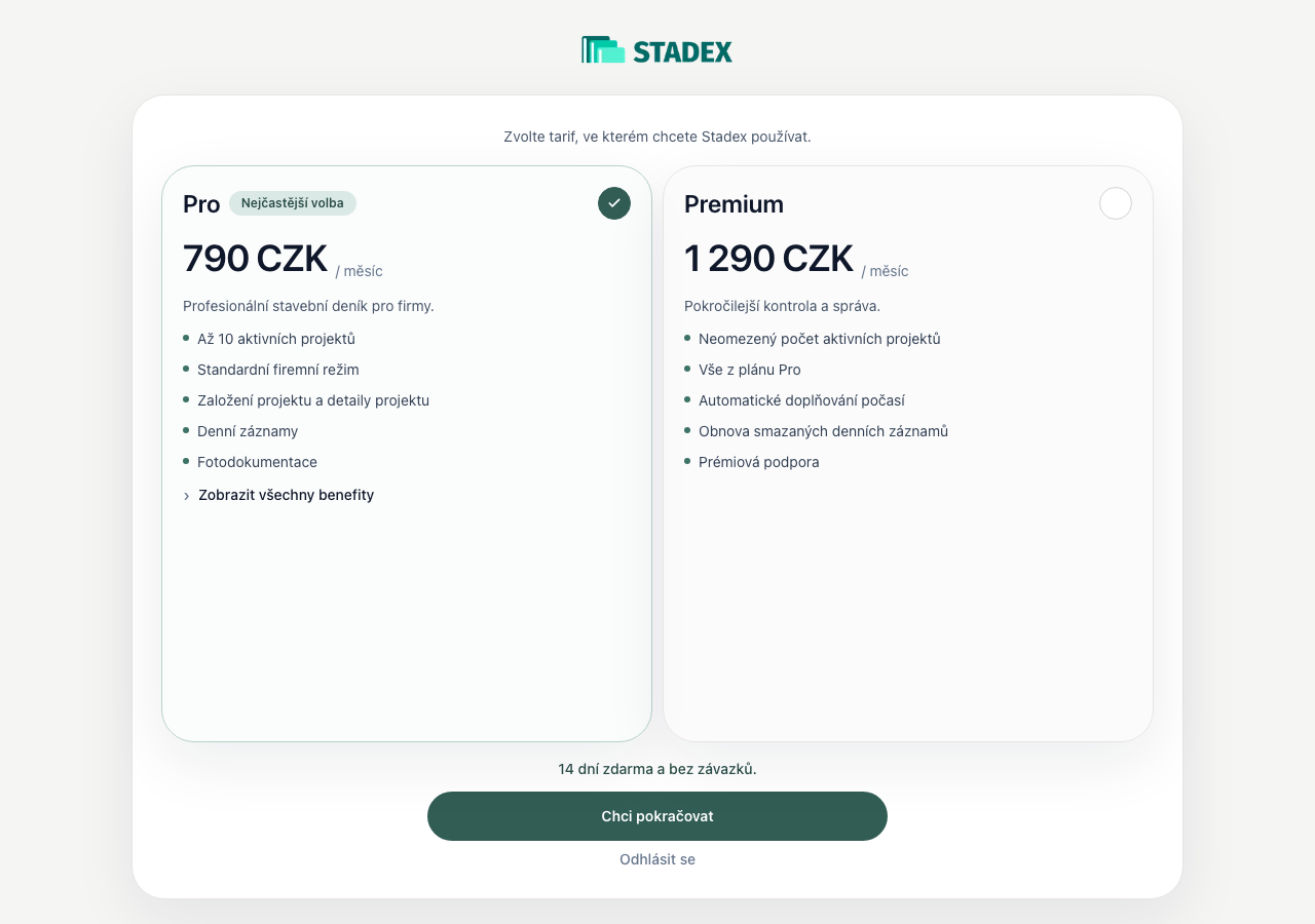 Výběr tarifu Pro nebo Premium, který firma provede před zahájením zkušebního období