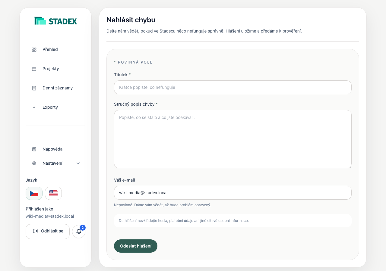 Formulář pro nahlášení problému s názvem, popisem a kontaktním e-mailem